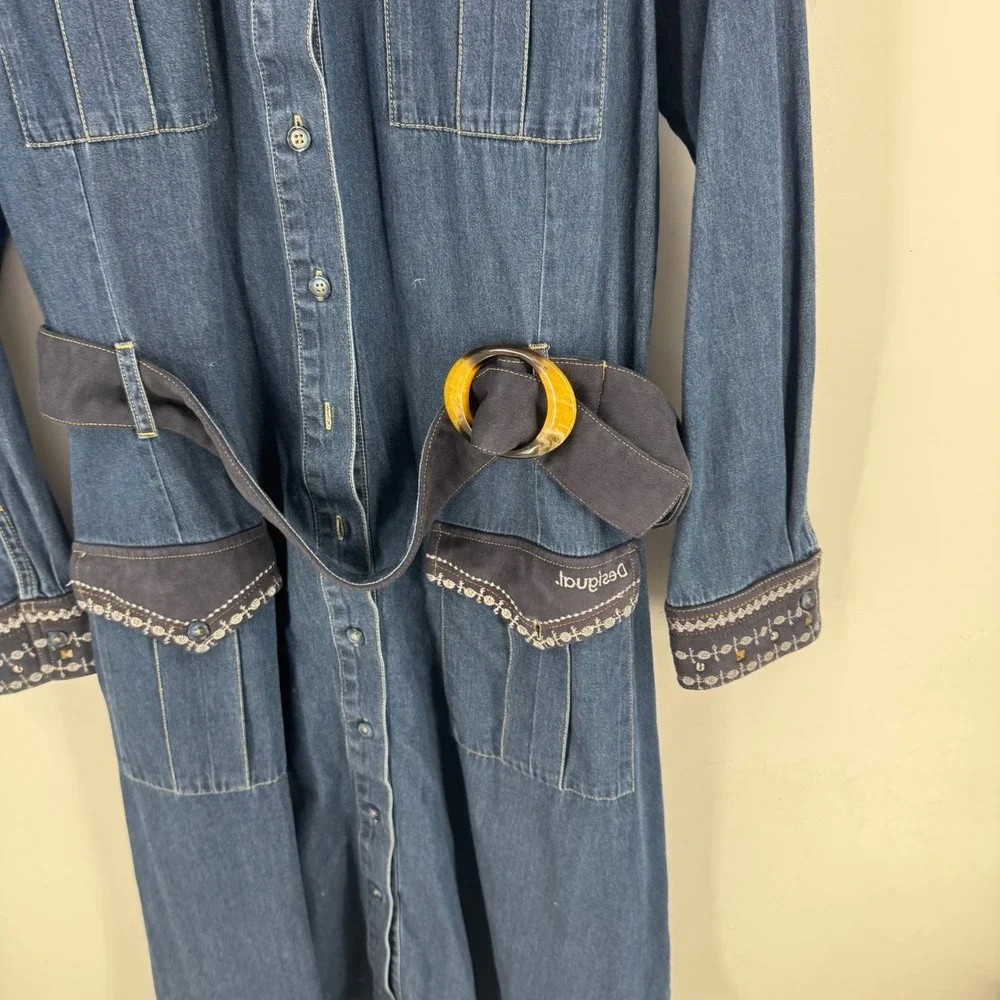Desigual Denim Shirt Dress Embroidered Studded Belted Midi Western Size 44 Artsy - Picture 5 of 10